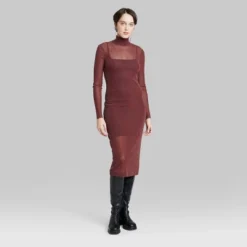 Women's Long Sleeve Lurex Mesh Midi Dress - Wild Fable⢠Burgundy