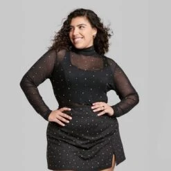 Women's Rhinestone Mesh Mock Turtleneck Top - Wild Fable™