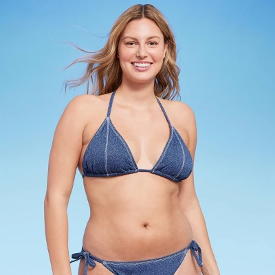 Women's Denim Textured Triangle Bikini Top - Wild Fable⢠Denim Blue - Image 3