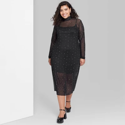 Women's Long Sleeve Rhinestone Mesh Midi Dress - Wild Fable⢠Black - Image 4