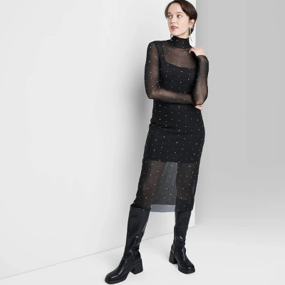 Women's Long Sleeve Rhinestone Mesh Midi Dress - Wild Fable⢠Black - Image 3