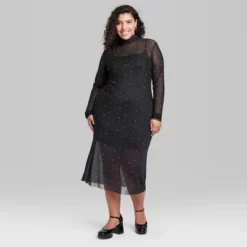 Women's Long Sleeve Rhinestone Mesh Midi Dress - Wild Fable⢠Black