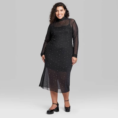 Women's Long Sleeve Rhinestone Mesh Midi Dress - Wild Fable⢠Black