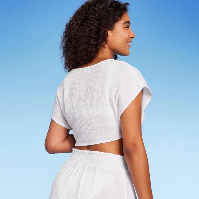 Women's Tie-Front Cover Up Short Sleeve Crop Top - Wild Fable⢠White