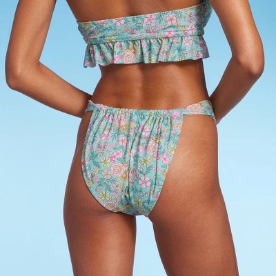 Women's Wide Strap Adjustable High Leg Bikini Bottom - Wild Fable⢠Green Floral Print